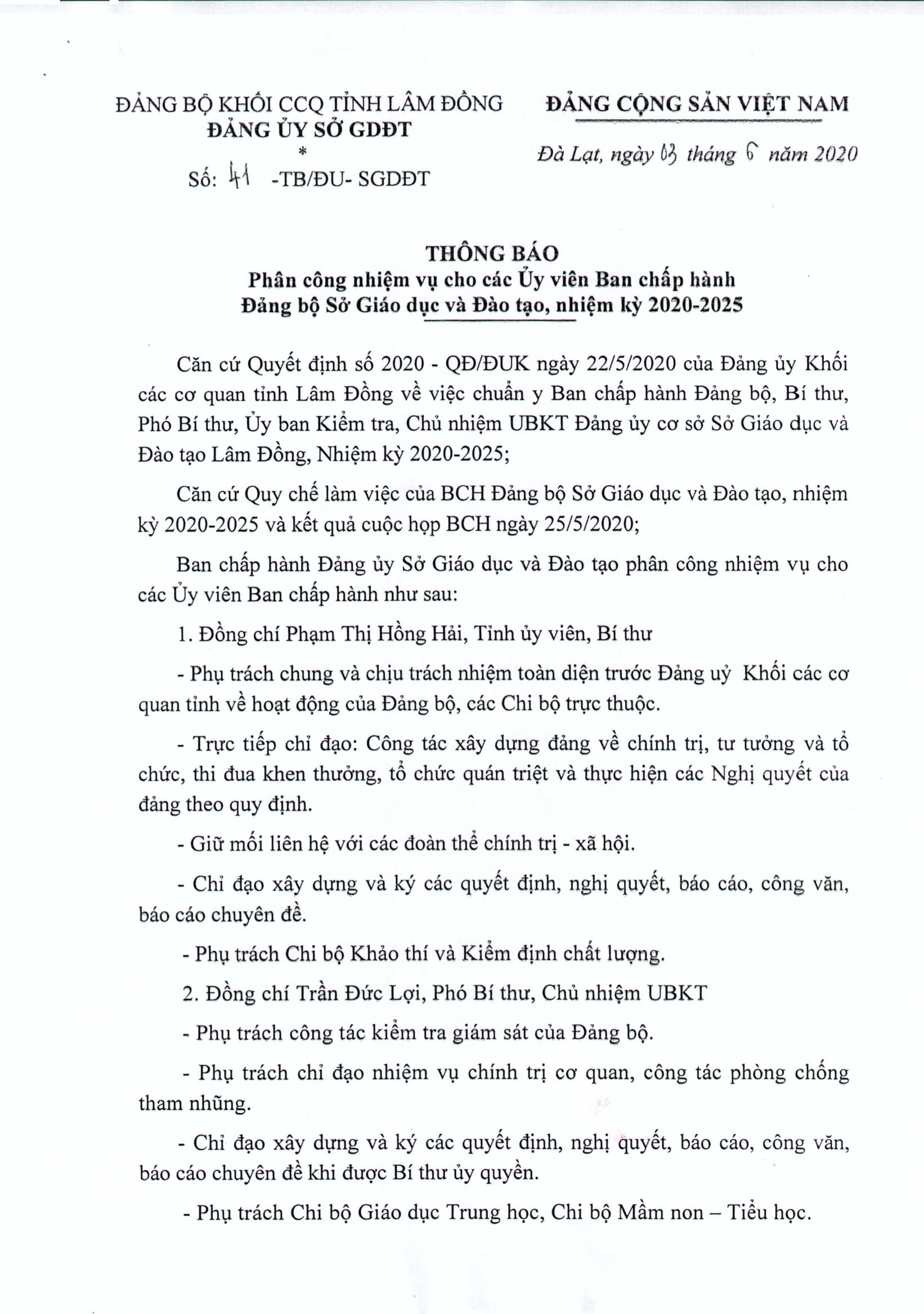 Thông Báo Phân Công Nhiệm Vụ Cho Các Ủy Viên Ban Chấp Hành Đảng Bộ Sở Giáo  Dục Và Đào Tạo, Nhiệm Kỳ 2020 - 2025