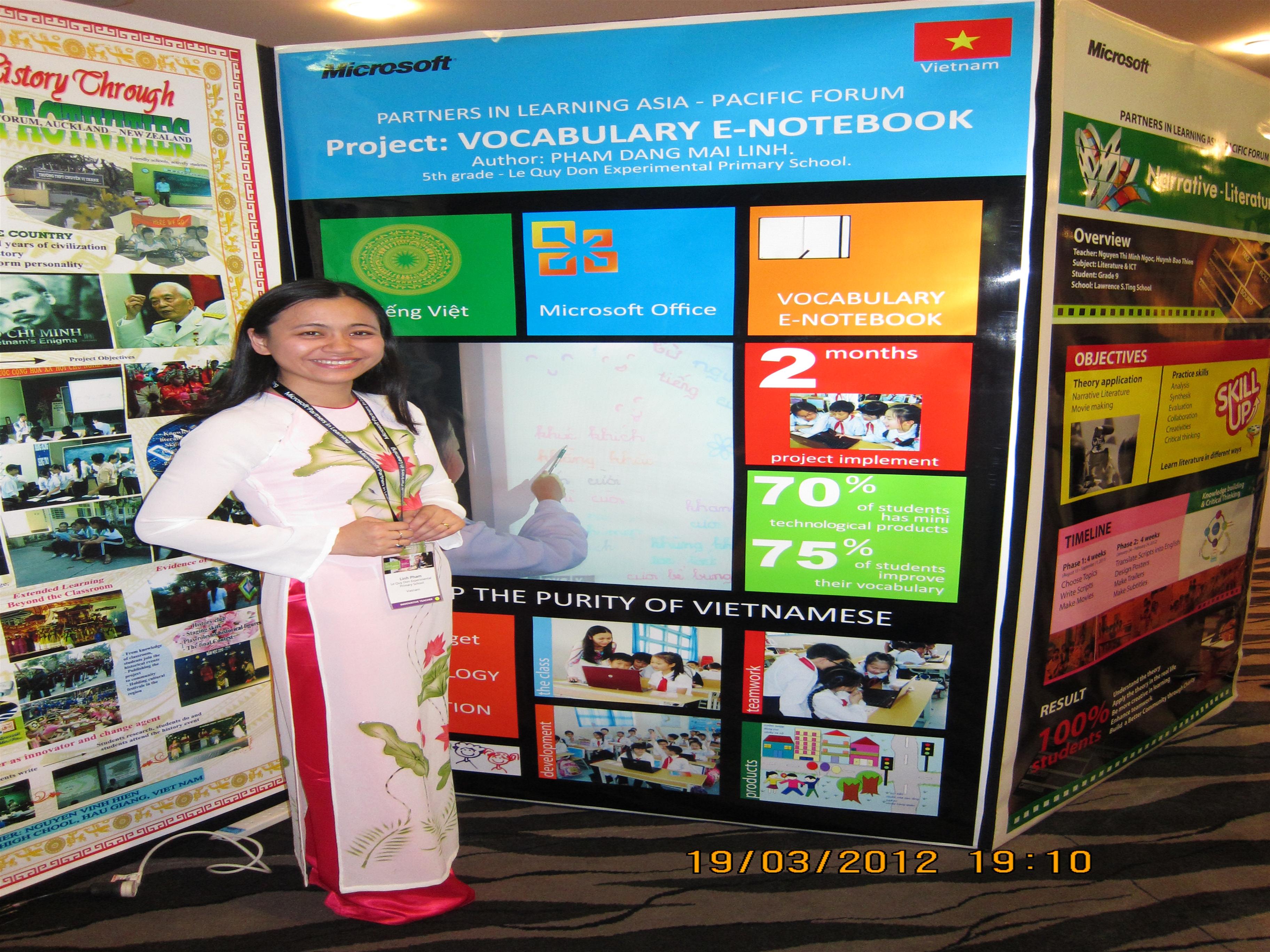 Microsoft mời cô Phạm Đặng Mai Linh trường Tiểu học thực nghiệm Lê Quý Đôn - Đà Lạt tham gia diễn đàn giáo viên sáng tạo Châu Á - Thái Bình Dương (Microsoft Partners in Learning Asia - Pacific 2012)
